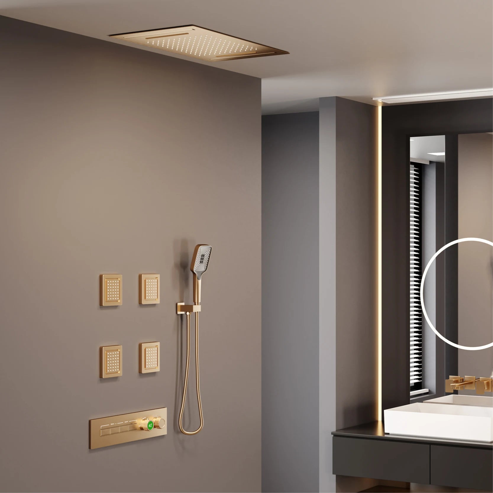 Luxury gray brass shower system with ceiling design, LED display, dual hot and cold controls, from 𝕄𝕔 𝕋𝕙𝕖 𝔹𝕝𝕒𝕔𝕜 𝔻𝕚�