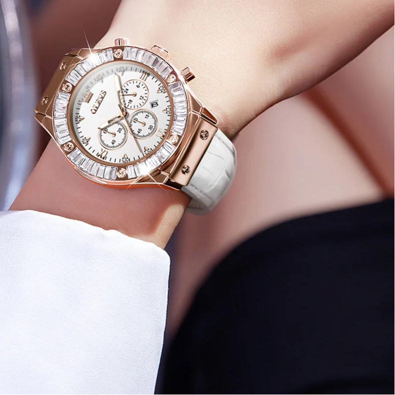 Elegant women's leather strap watch by Mohammad Collection, featuring a diamond bezel, waterproof quartz chronograph, and classic design.