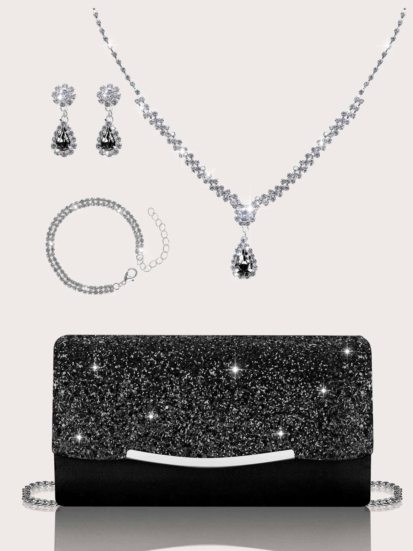 Stylish MC THE BLACK DIAMOND sequined women's hand bag with rhinestone jewelry set including necklace, earrings, and bracelet.