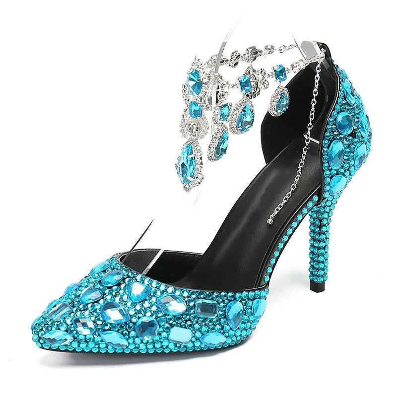 Elegant MC THE BLACK DIAMOND crystal pendant banquet high heels with sparkling embellishments for prom and wedding occasions.