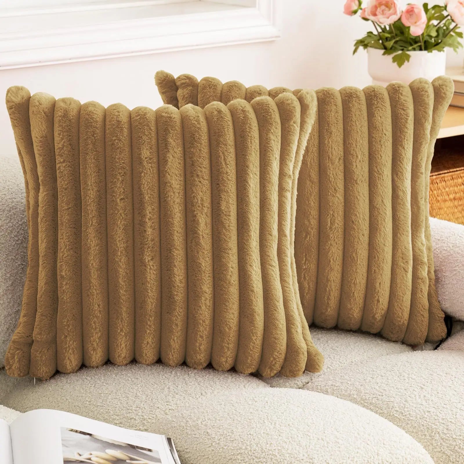 Soft faux rabbit fur square cushion cover by MC THE BLACK DIAMOND, 24x24 inch striped solid color pillow for sofa decor.