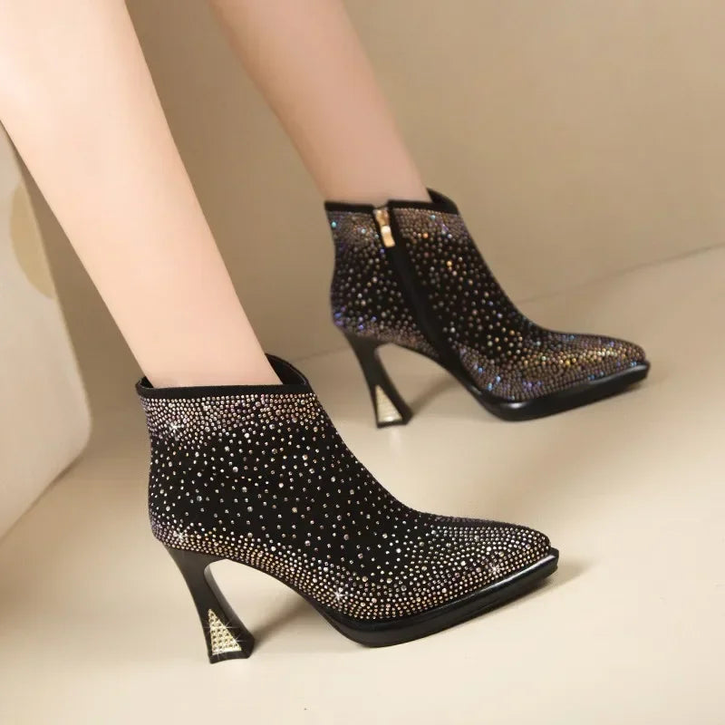 Women's short boots with thick square high heels from Mohammad Collection, featuring stylish design and ankle-length cut.