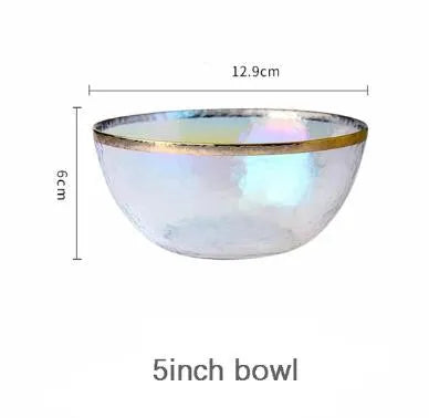 Rainbow glass dinner plates and bowls with gilt rim, clear glass salad dishes and serving tray by 𝕄𝕔 𝕋𝕙𝕖 𝔹𝕝𝕒𝕔𝕜 𝔻𝕚�