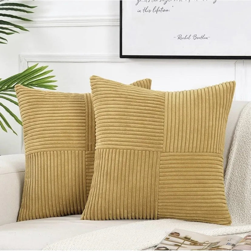 Mustard yellow corduroy pillow cover with boho spliced patchwork texture, soft throw cushion case from MC THE BLACK DIAMOND.