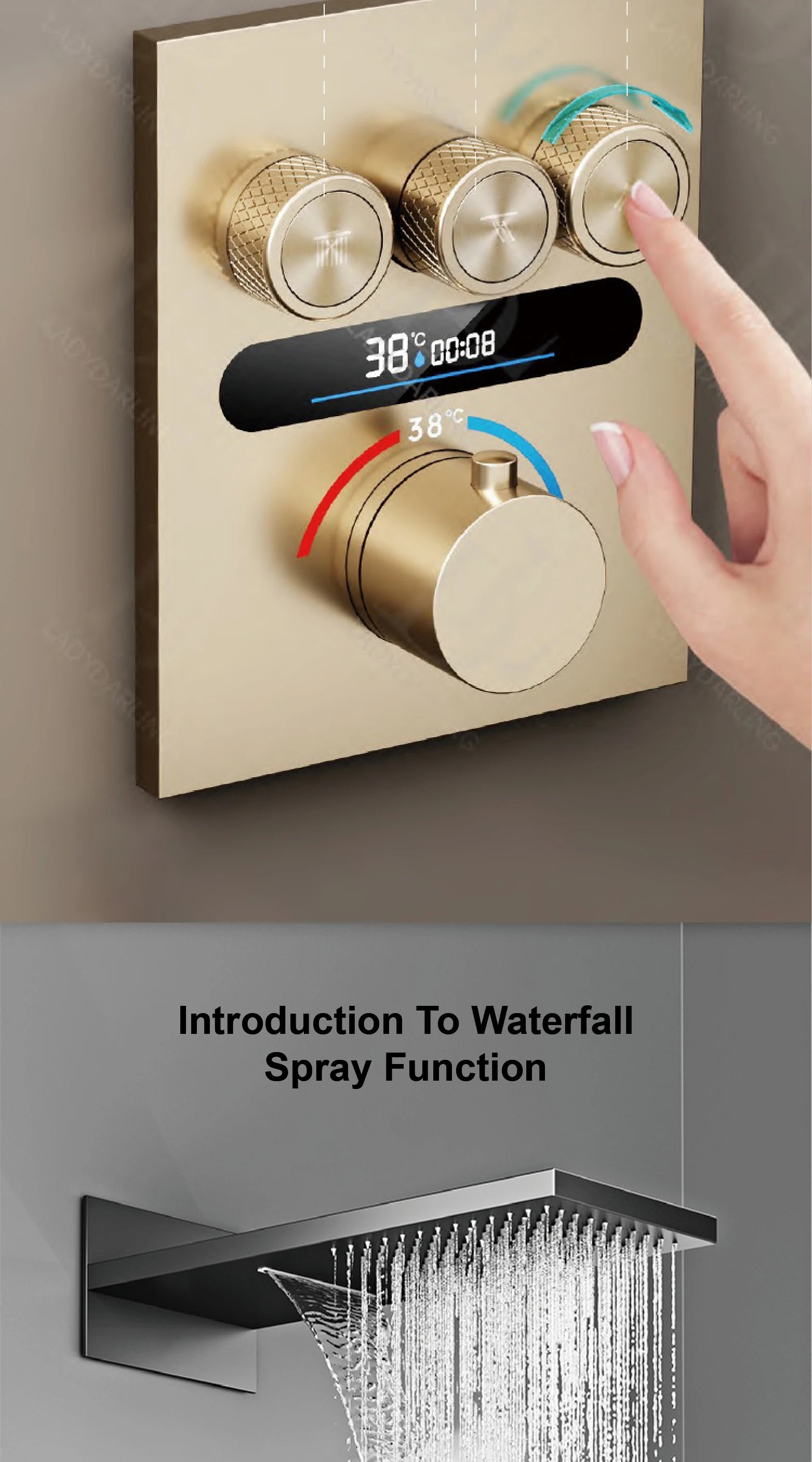 Luxury gold LED digital shower system with constant temperature control, bath mixer, hot & cold water, ceiling embedded design.