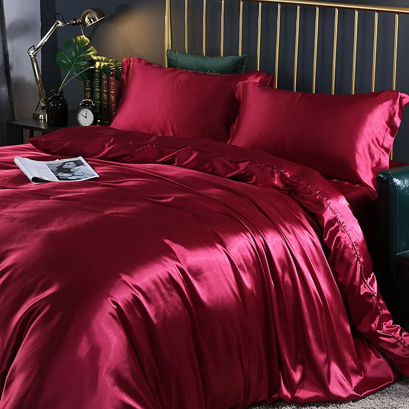 Luxury silk bedding set with duvet cover, fitted sheet, pillowcases, solid color king queen twin size satin bedsheets by 𝕄𝕔 𝕋𝕙𝕖 𝔹𝕝𝕒𝕔𝕜 �