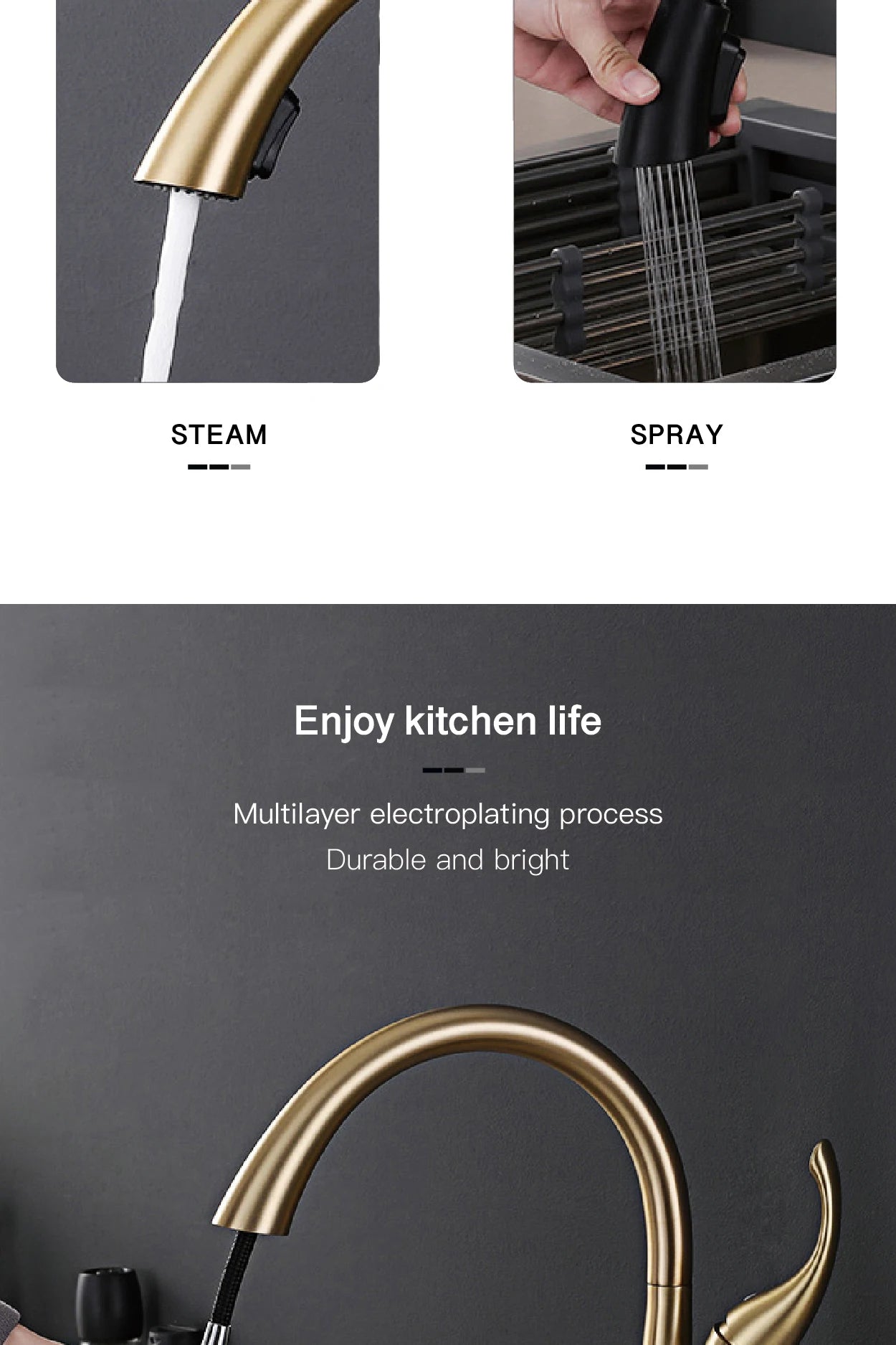 Modern black brass kitchen faucet by MC THE BLACK DIAMOND with single handle, pull-out spout, hot and cold water, two-function sink faucet