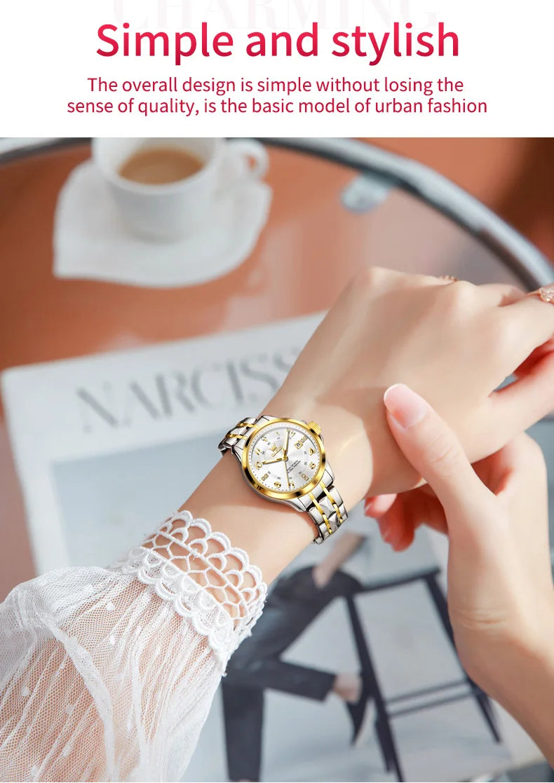 MC THE BLACK DIAMOND women's elegant quartz wristwatch with luminous dial, calendar, and 30m waterproof feature.