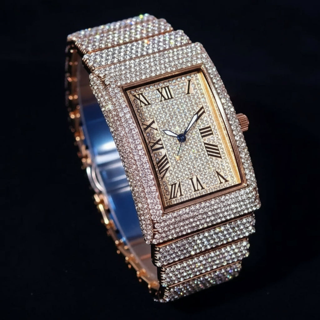 Luxury gold ice men's watch by MC THE BLACK DIAMOND featuring diamond accents and a rectangular quartz design.