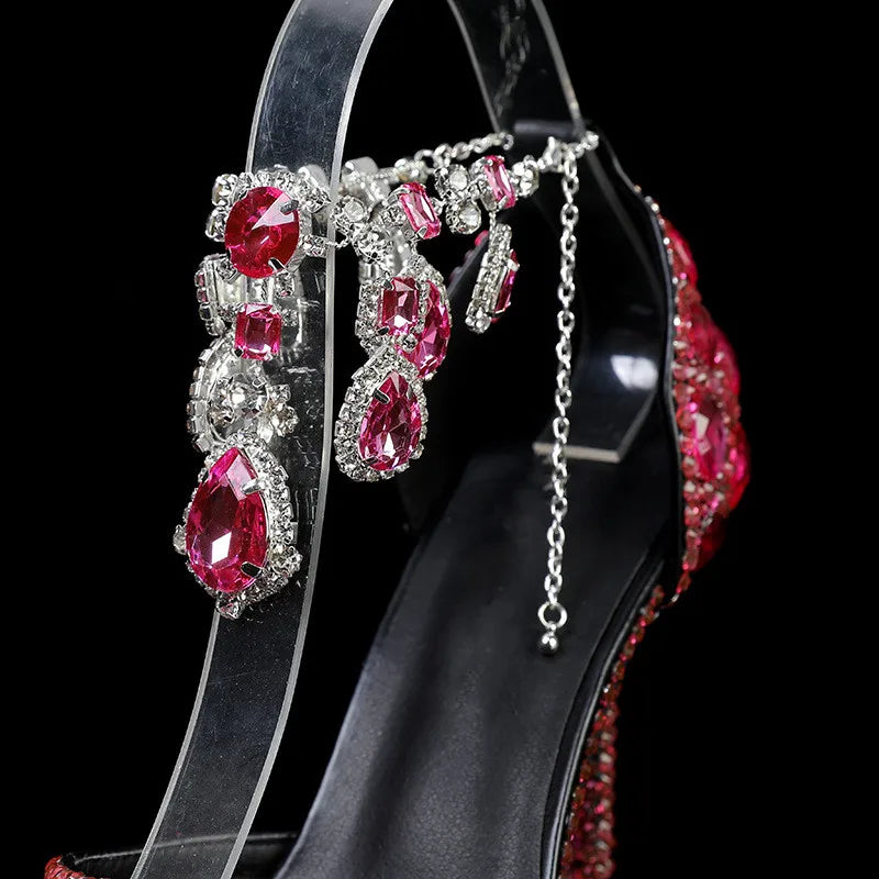 MC THE BLACK DIAMOND crystal pendant high heels for prom and wedding, elegant banquet shoes with sparkling embellishments.