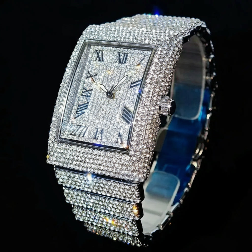 Luxury gold ice men's wristwatch by MC THE BLACK DIAMOND featuring diamond accents, rectangle quartz design, and fashionable bling style.