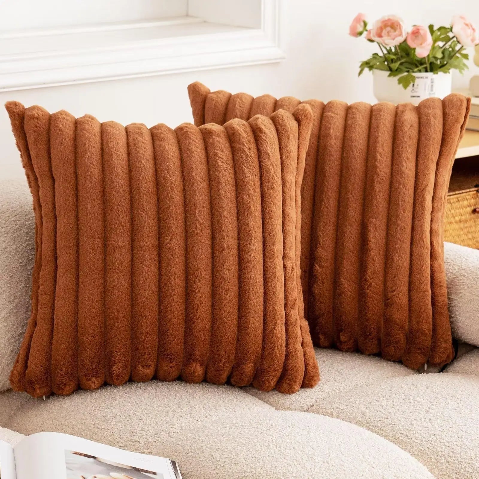 Soft, thick faux rabbit fur square cushion cover in solid color with striped design, 24x24 inch sofa decor pillow from MC THE BLACK DIAMOND.