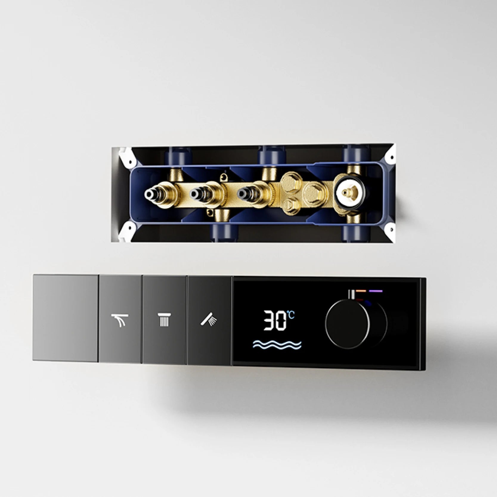 Luxury brass shower system with LED display, 3 spray modes, and ceiling-embedded waterfall outlet for bath by 𝕄𝕔 𝕋𝕙𝕖 𝔹𝕝𝕒𝕔𝕜 𝔻�