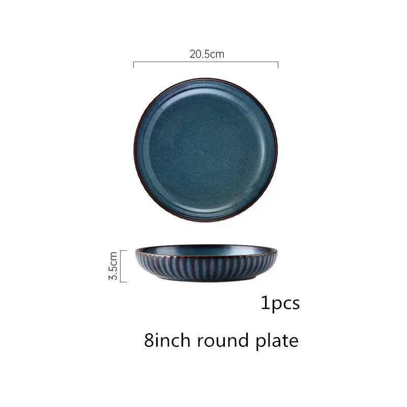 Blue kiln glaze ceramic plate from Mc The Black Diamonds, ideal for rice and salads, showcasing vibrant blue and glossy finish.
