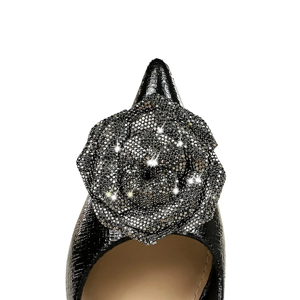 Elegant MC THE BLACK DIAMOND women's rhinestone flower high heels with stiletto design, perfect for weddings and prom events.