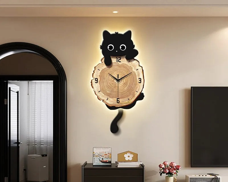 Nordic retro style MC THE BLACK DIAMOND cat wall clock with LED light, luminous cartoon design, perfect for living room wall decor.