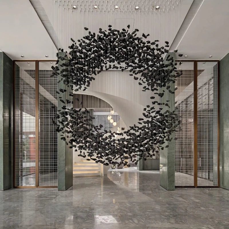 Black Art Luxury Stone Crystal Chandelier by MC THE BLACK DIAMOND, modern LED hanging lamp for staircase and hallway indoor lighting