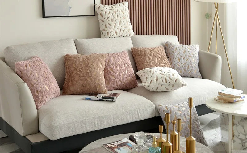 Gold feather velvet pillow cover with decorative feather design, 45x45 cm, perfect for sofa or car decor by 𝕄𝕔 𝕋𝕙𝕖 𝔹𝕝𝕒𝕔𝕜 𝔻