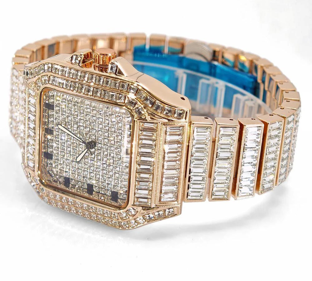 Luxury Rose MC THE BLACK DIAMOND men's stainless steel quartz watch with iced out diamonds, rectangle design, and hip hop style.