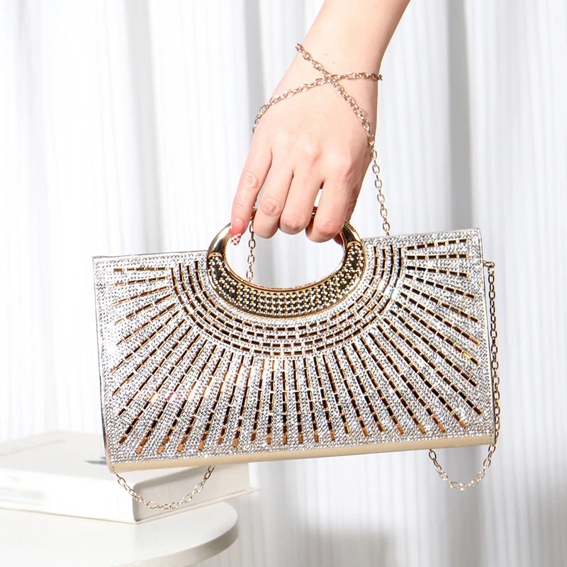 Elegant women's evening clutch bag with sparkling rhinestones and chain detail, featuring a luxurious diamond design for weddings and parties.