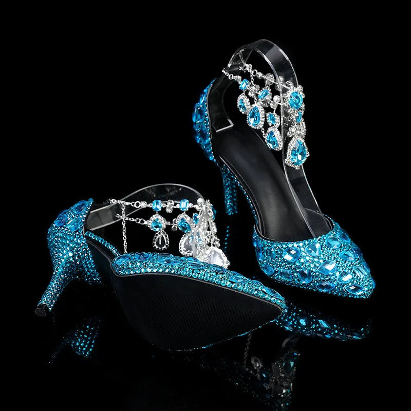 Elegant crystal pendant high heels by MC THE BLACK DIAMOND, perfect for prom or wedding banquets, featuring sparkling embellishments.