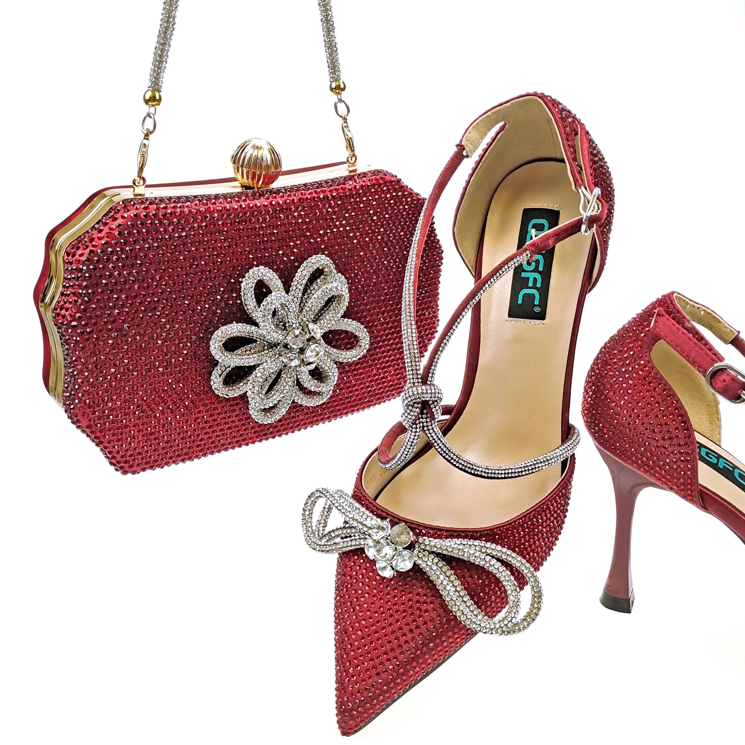 MC THE BLACK DIAMOND purple rhinestone women's heels and matching bags set with pointed toes and high heels.