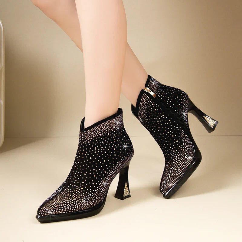 Women's short boots with thick square high heels from Mohammad Collection, featuring stylish design and ankle height.