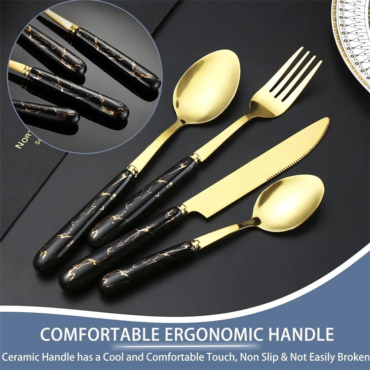 Stainless steel LMETJMA 24-piece flatware set with knives, forks, and spoons from 𝕄𝕔 𝕋𝕙𝕖 𝔹𝕝𝕒𝕔𝕜 𝔻�