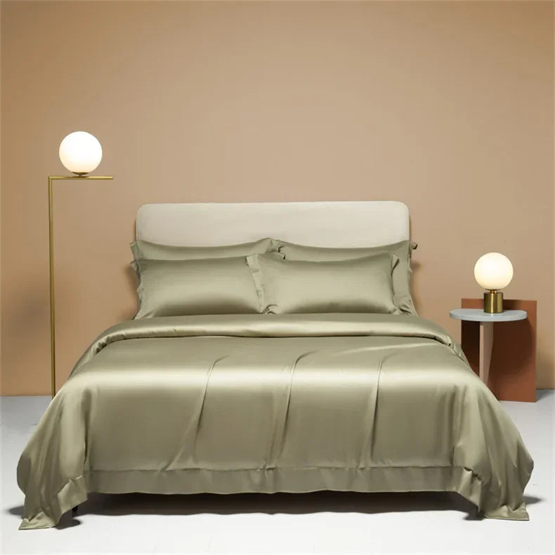 Luxury Mulberry Silk duvet cover in solid color, displayed on bed, from 𝕄𝕔 𝕋𝕙𝕖 𝔹𝕝𝕒𝕔𝕜 𝔻𝕚𝕒�