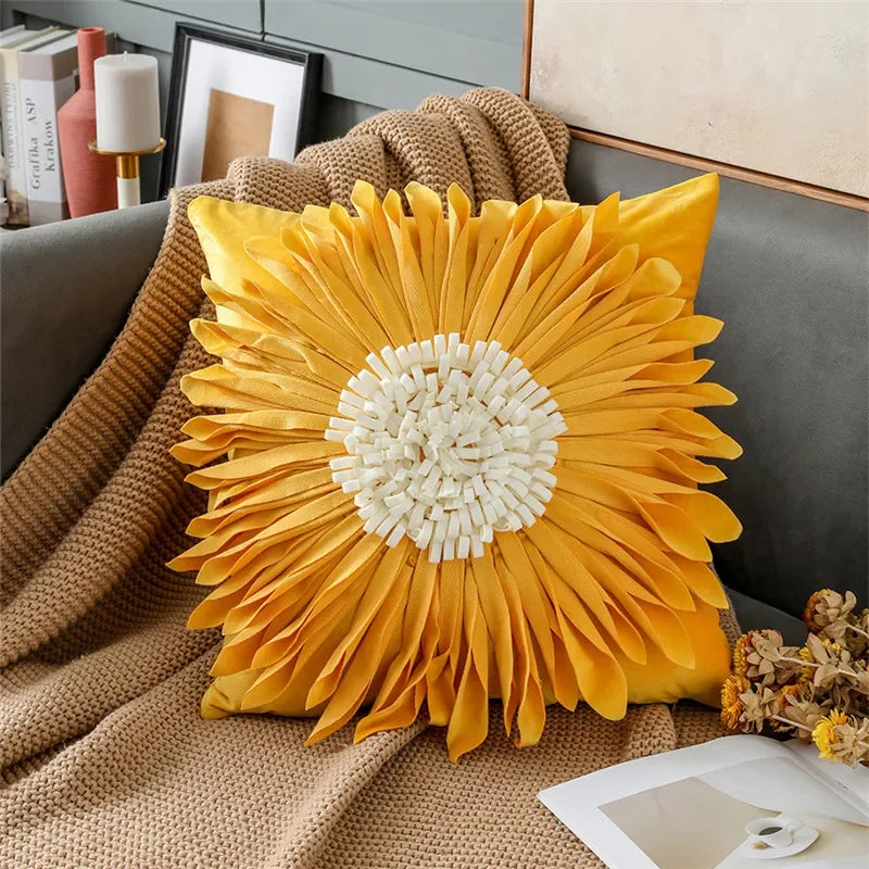 Pink and white velvet throw pillow with 3D chrysanthemum embroidery, 45x45cm, perfect for modern home decor, by MC THE BLACK DIAMOND.