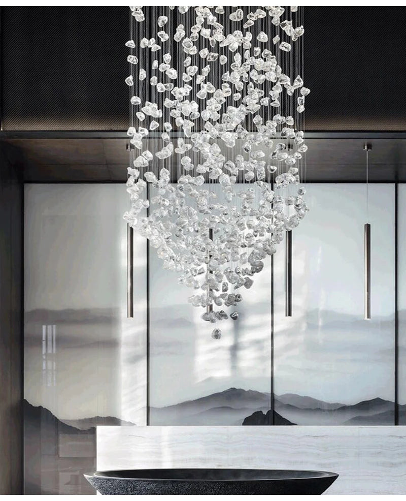 Black Art Luxury Stone Crystal Chandelier by MC THE BLACK DIAMOND, modern LED hanging light fixture for staircase or hallway decor.