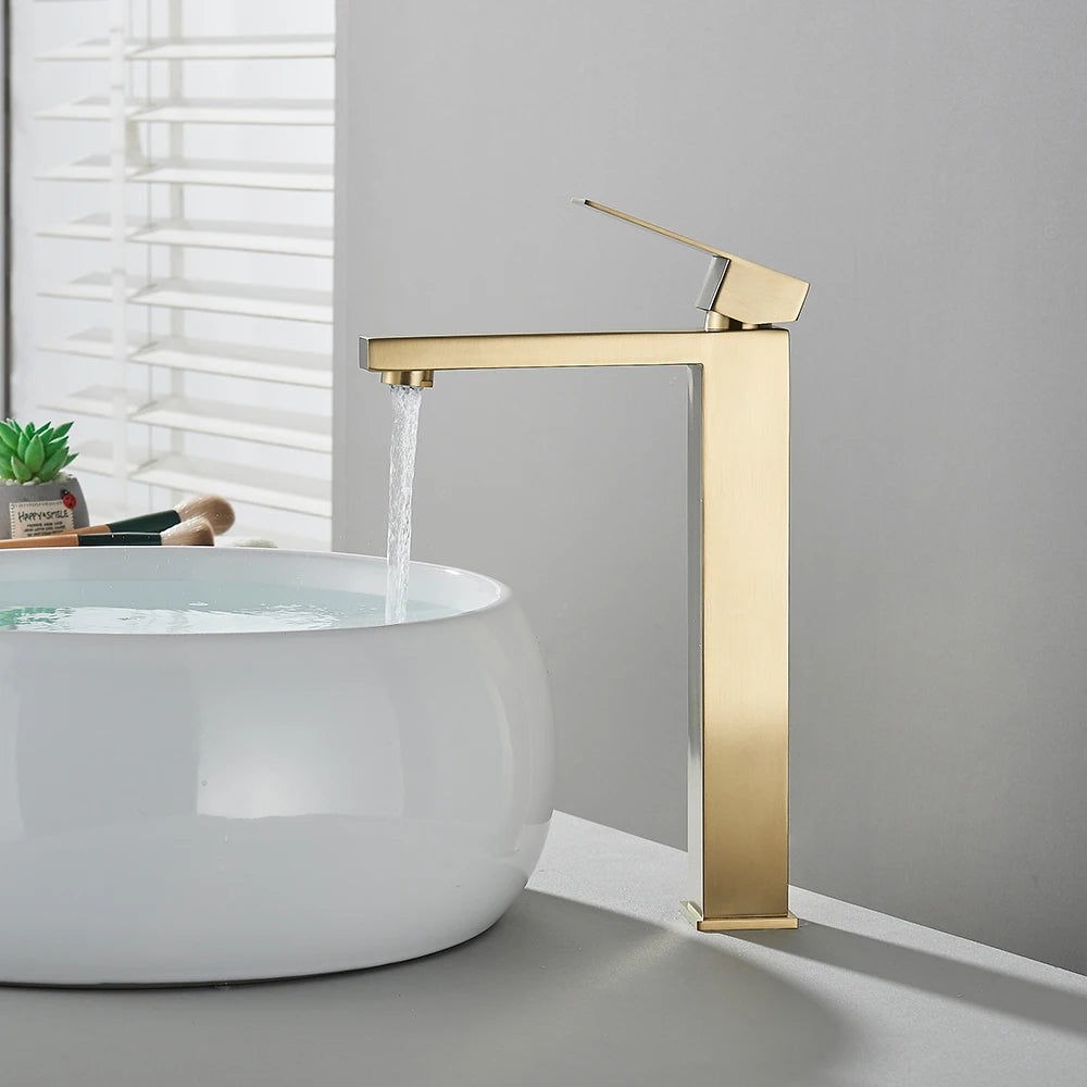 Matte black stainless steel bathroom sink faucet with deck-mounted hot and cold water mixer and waterfall spout.