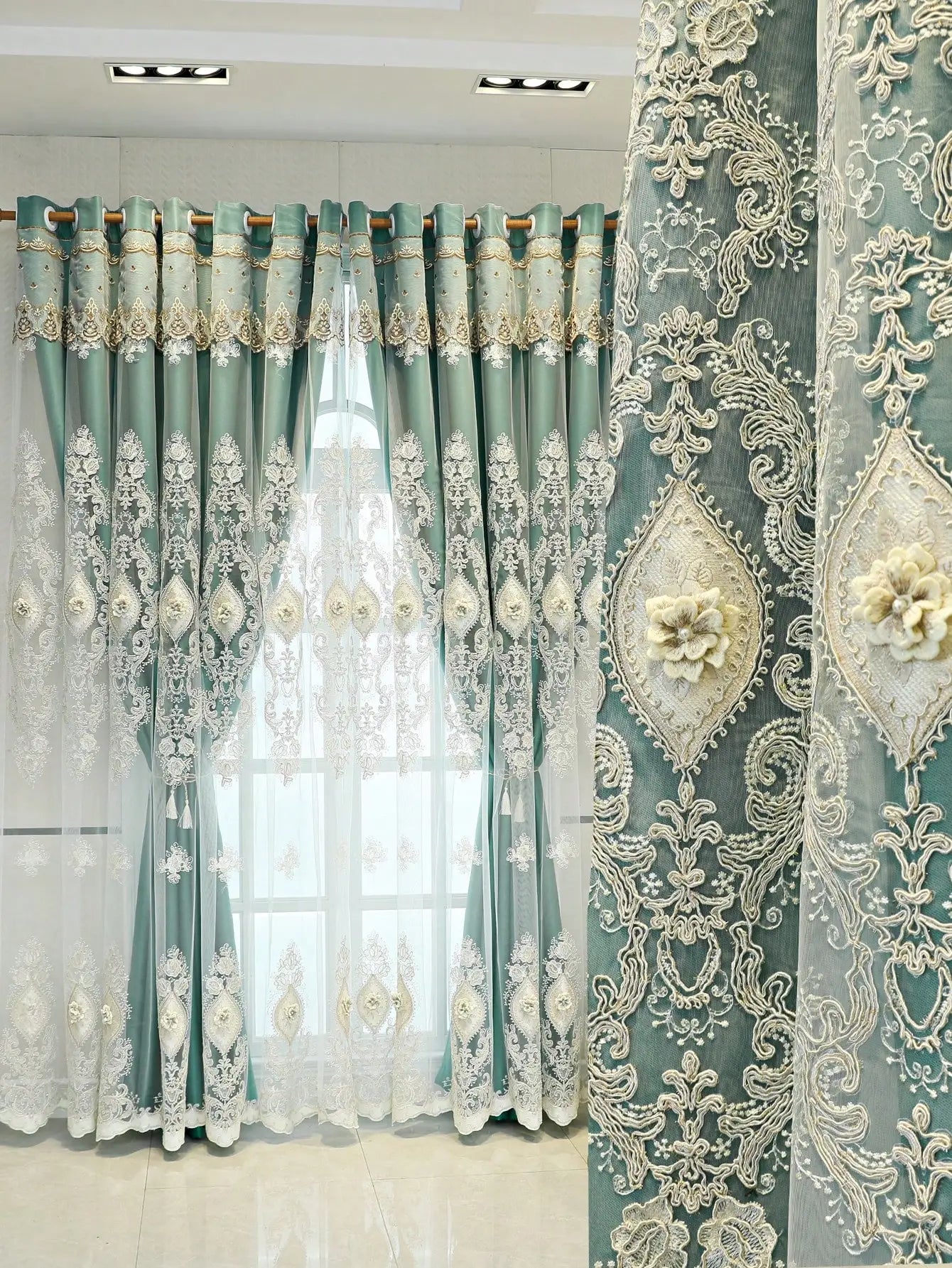 Luxury vintage-style embroidered MC THE BLACK DIAMOND curtain panel, showcasing intricate embroidery and elegant fabric design.
