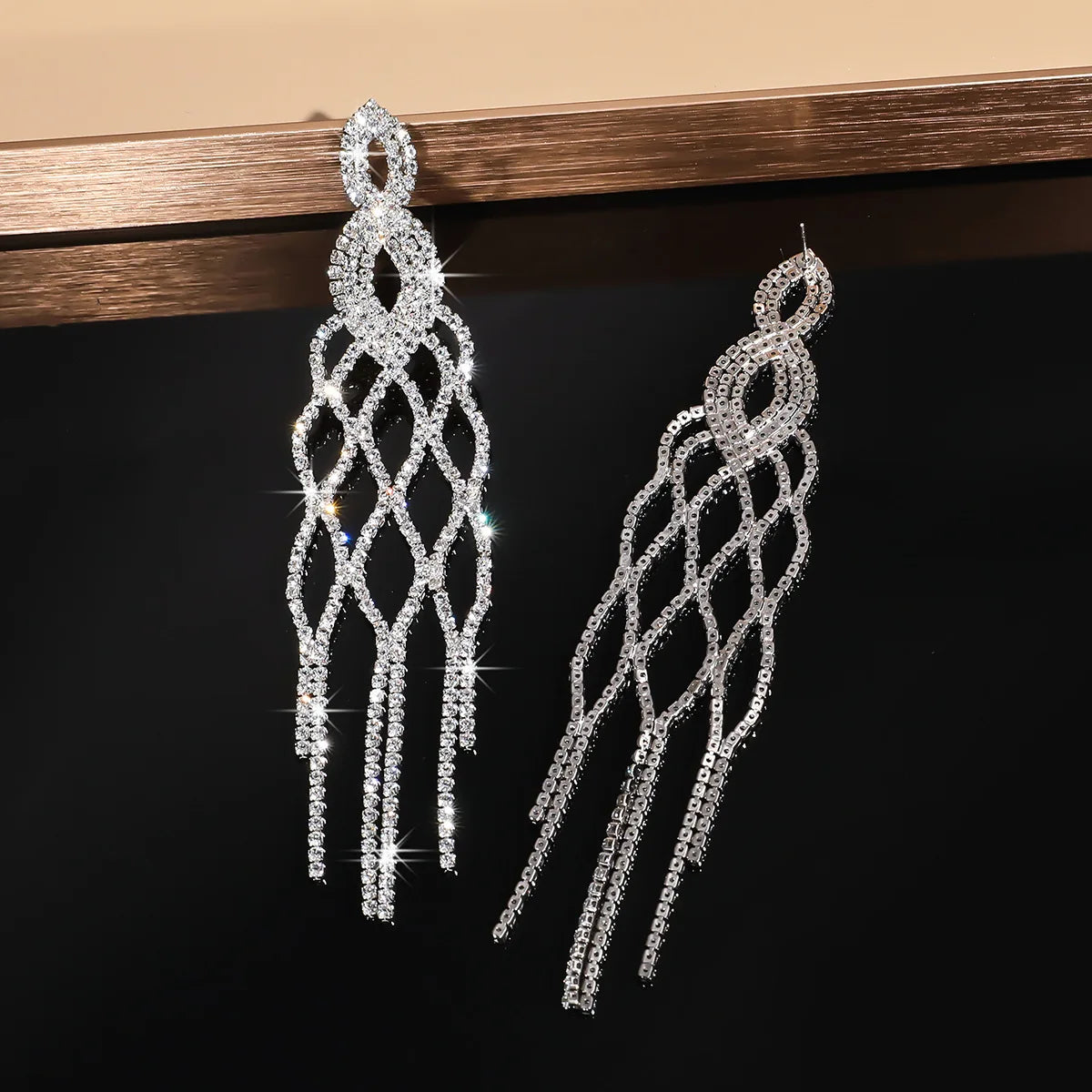 MC THE BLACK DIAMOND FYUAN long tassel rhinestone drop earrings with geometric crystal dangles for women, perfect for parties and weddings.