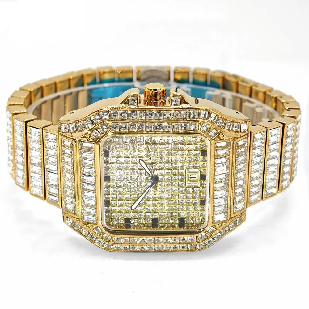 Luxury MC THE BLACK DIAMOND men's rose gold stainless steel quartz watch with iced out diamonds and rectangular face.