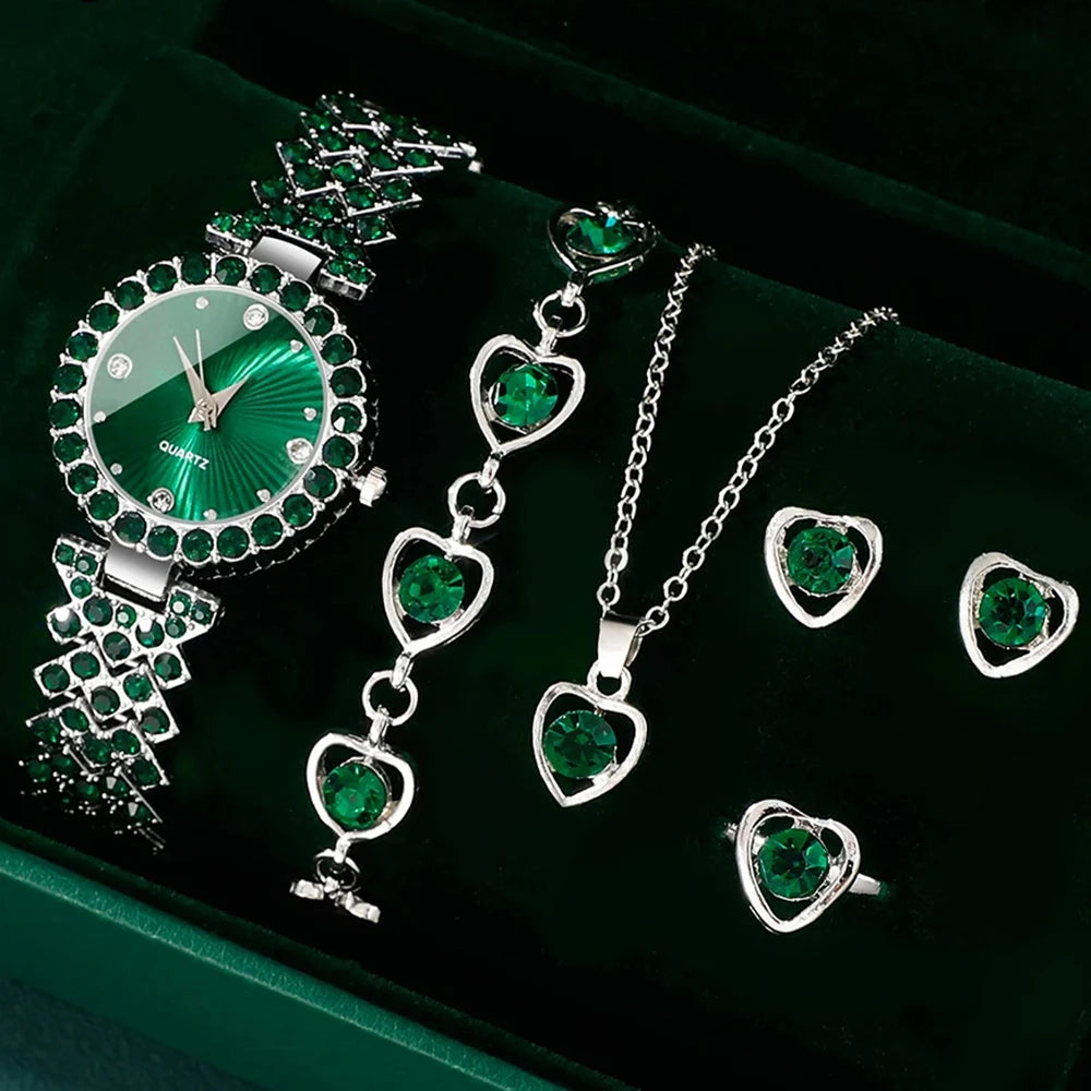 Women’s jewelry set with heart rhinestone ring, necklace, and earrings from MC THE BLACK DIAMOND, featuring a luxury dress watch and elegant design.