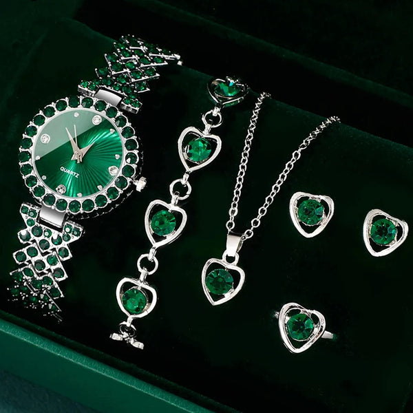 Women’s jewelry set with heart rhinestone ring, necklace, and earrings from MC THE BLACK DIAMOND, featuring a luxury dress watch and elegant design.