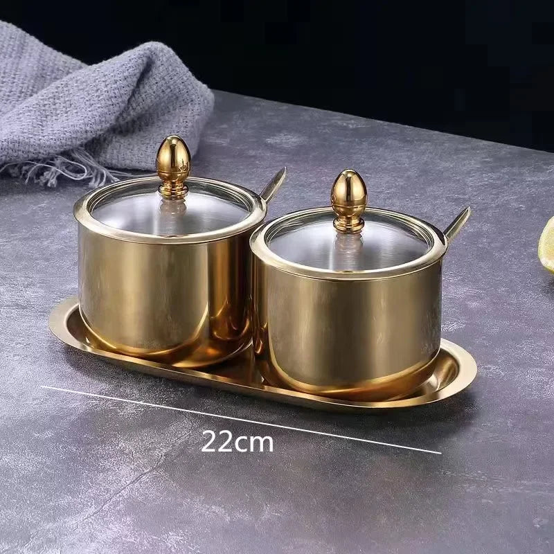 Gold MC THE BLACK DIAMOND seasoning box with glass cap, spoon, and spice jar for salt, soy sauce, and flavoring storage.