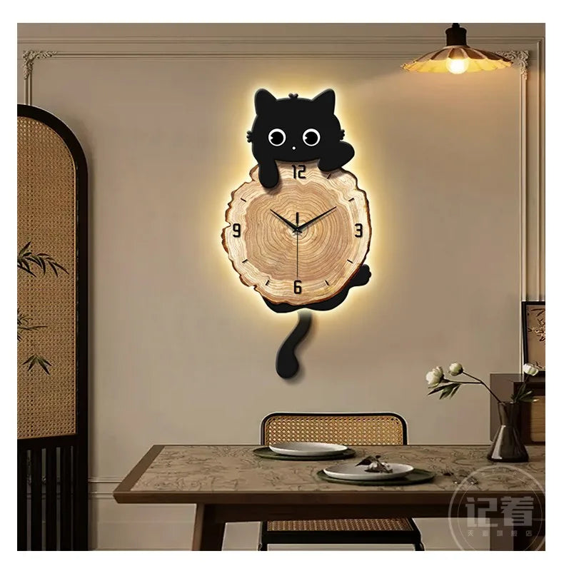 Nordic retro style cat wall clock by MC THE BLACK DIAMOND with LED light, creative living room wall art and luminous cartoon design.