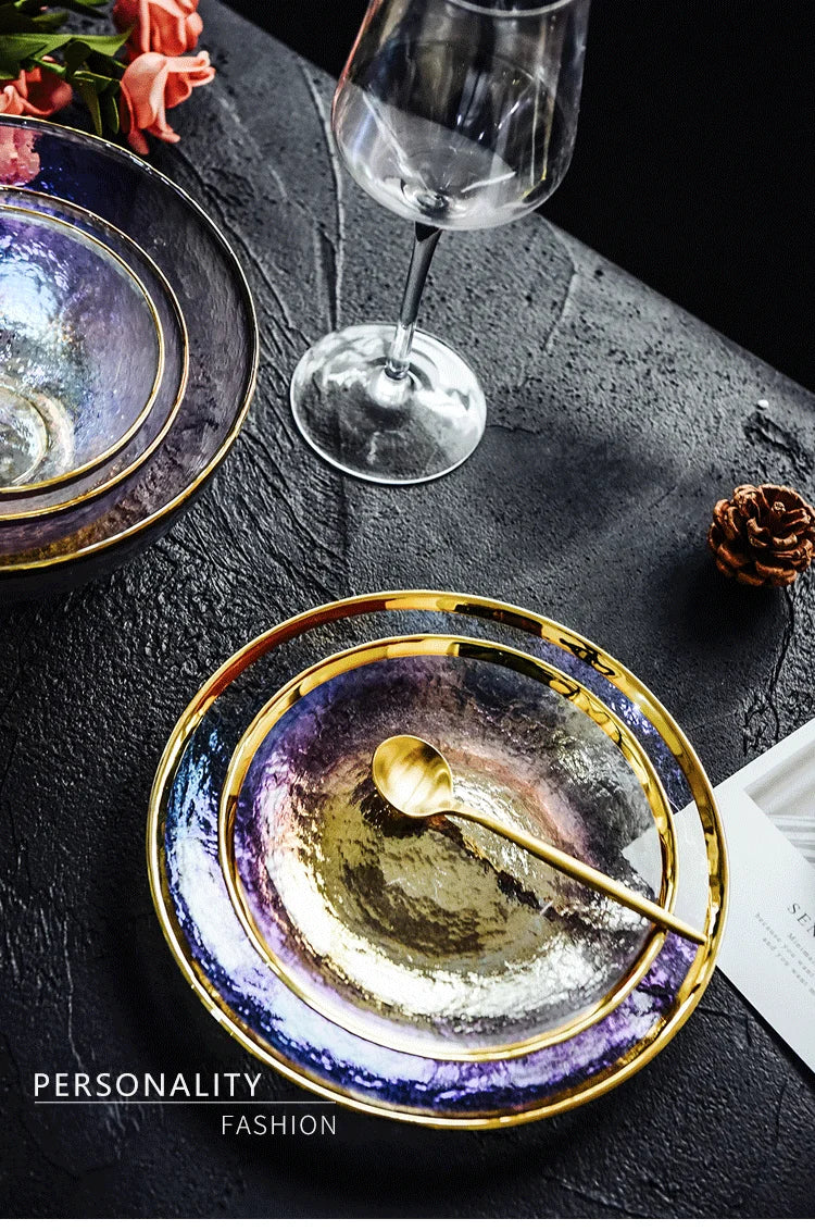 Rainbow glass dinner plates and salad bowls with gilt rim, clear serving tray from 𝕄𝕮 𝕋𝕙𝕖 𝔹𝕝𝕒𝕔𝕜 𝔻𝕚𝕒�