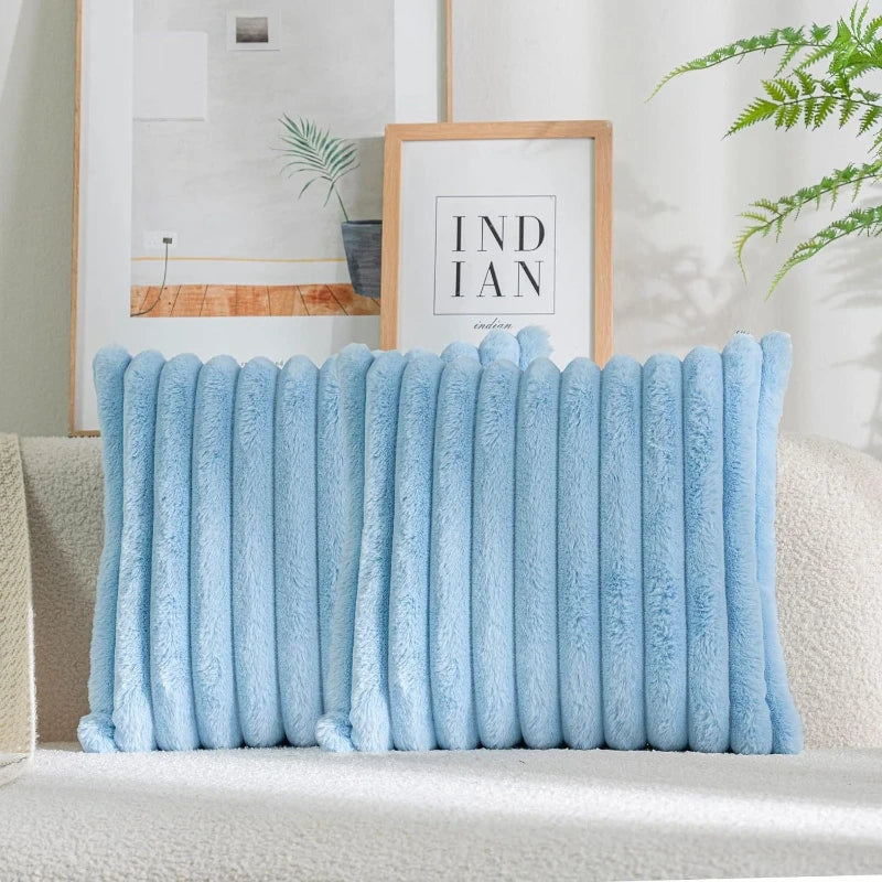 Soft, thick faux rabbit fur square cushion cover in solid color with striped accents, 24x24 inches, ideal for sofa decor.