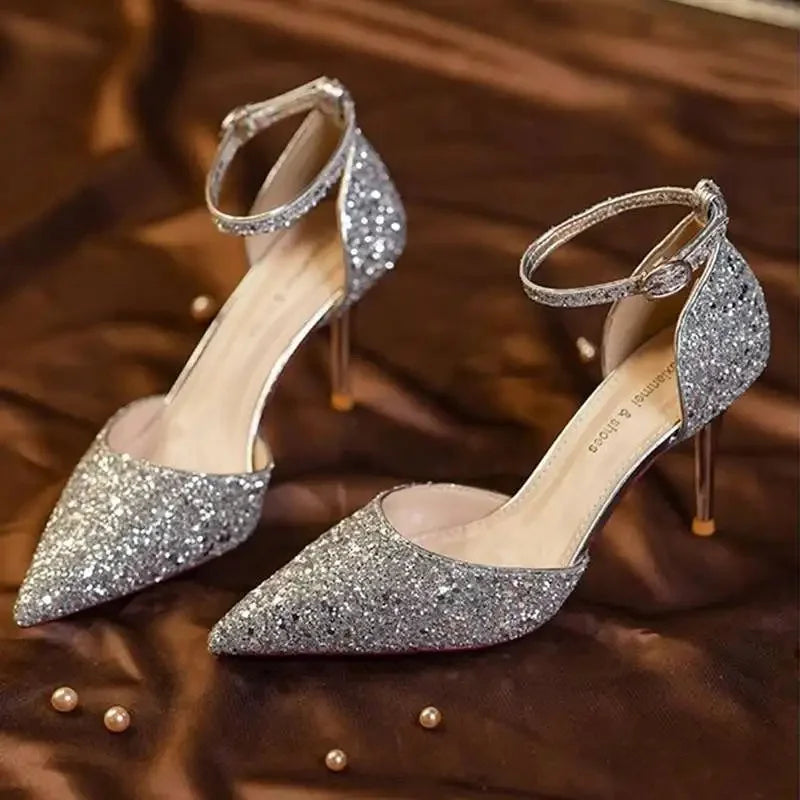 MC THE BLACK DIAMOND women's French style sequin pointed toe high heels with single strap, perfect for spring and autumn fashion.
