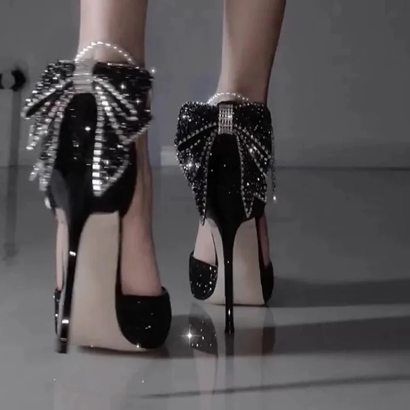 Elegant women's French new pointy high heels by Mohammad Collection with sequin bows, pearl line, and shallow mouth design.