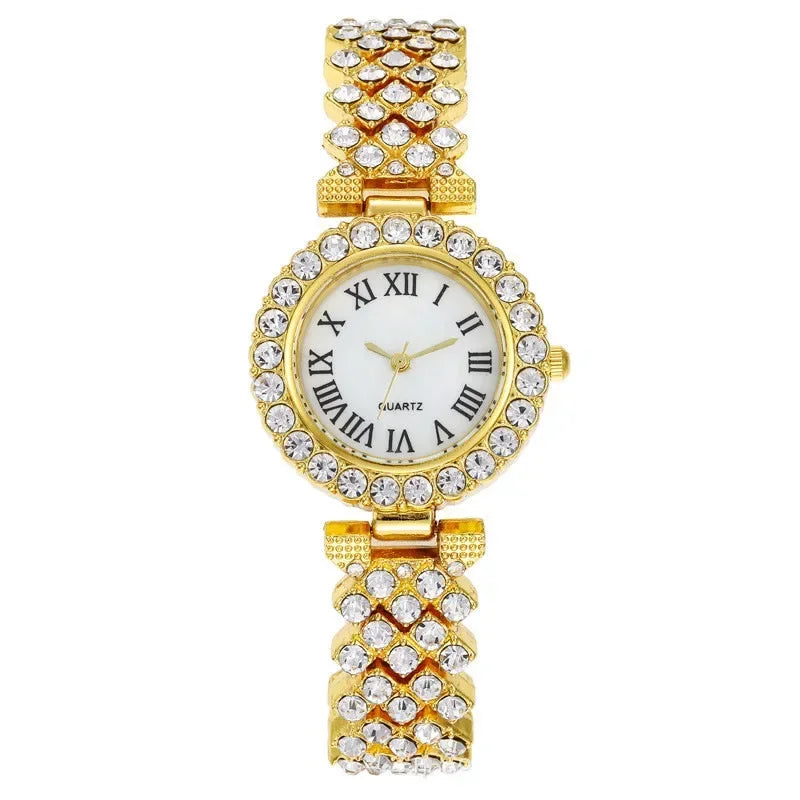 Casual ladies quartz wrist watch bracelet set with six jewelry pieces from Moham mad Collection, featuring elegant designs and metallic finishes.