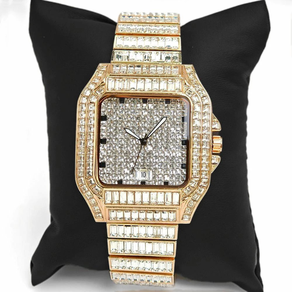 Luxury MC THE BLACK DIAMOND rose gold stainless steel men's quartz watch with iced out diamonds and rectangular face.