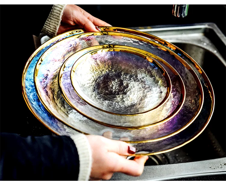 Thick rainbow glass dinner plate with gold inlay, featuring a steak, salad, or fruit presentation, from 𝕄𝕔 𝕋𝕙𝕖 𝔹𝕝𝕒𝕔𝕜 𝔻�