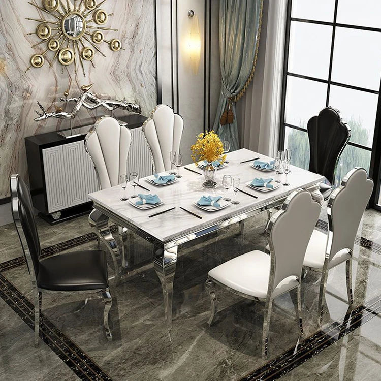 Royal Nordic Light Luxury Dining Table with marble top, silver stainless steel legs, seats 4 to 8, from 𝕄𝕔 𝕋𝕙𝕖 𝔹𝕝𝕒𝕔𝕜 𝔻