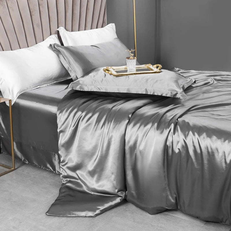 Solid silk bedding set featuring duvet cover, bedsheet, and rayon satin pillowcases from 𝕄𝕔 𝕋𝕙𝕖 𝔹𝕝𝕒𝕔𝕜 𝔻𝕚𝕒