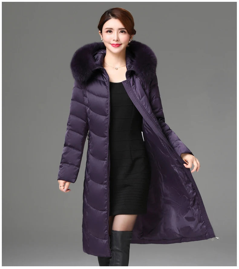 Shengyu Boya women's knee-length down jacket with thick fur collar, slim fit, suitable for middle-aged and elderly women.