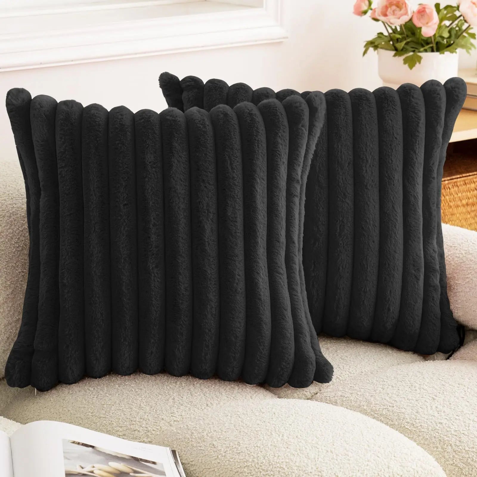 Soft faux rabbit fur square cushion cover by MC THE BLACK DIAMOND, 24x24 inch thick striped solid color pillow for sofa decor